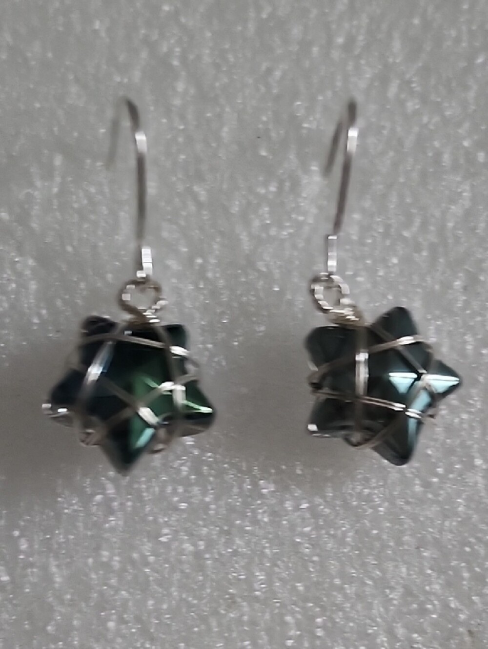 Hand Crafted Silver-Wrapped Dark Green Star Drop Earrings